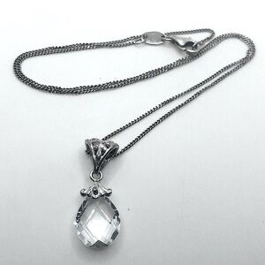 VTG Sterling Silver Facet Cut Crystal Drop Pendant w 925 Chain 16” + 1” Pendant